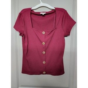 Candies Size Large Shirt Blouse Rose Red Pink Short Sleeve Buttoned Front Top